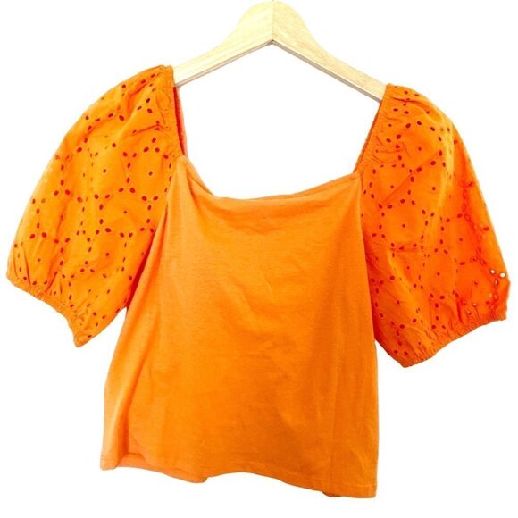 Vero Moda Womens M Crop Top Front Knot Tangerine Orange Eyelet Puff Sleeve - Picture 4 of 9